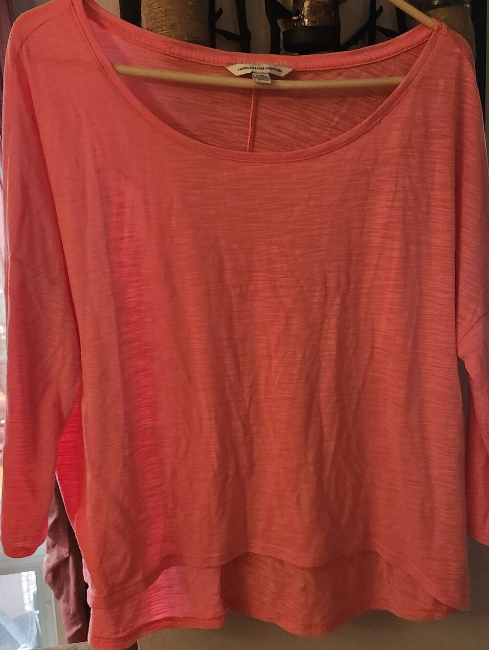 American Eagle Outfitters Bright Coral Pink 3/4 Long Sleeve Scoop Neck Top